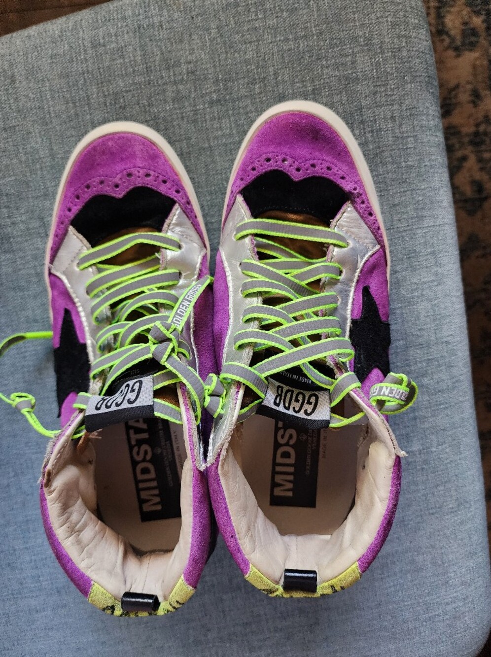 Golden Goose Purple Suede Mid-Star Sneakers with Neon Laces